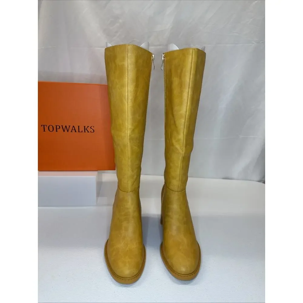 TopWalks Women's Knee High Boots Chunky Block Heel Banana-Yellow Size 6.5